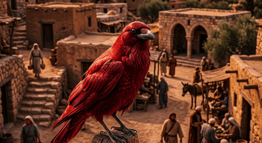 Scarlet bird perched above an ancient desert village with villagers and pack animal
