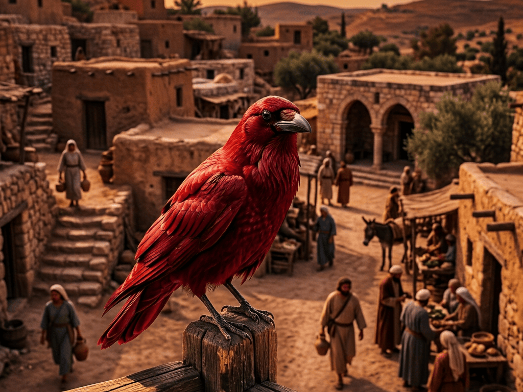 Scarlet bird perched above an ancient desert village with villagers and pack animal