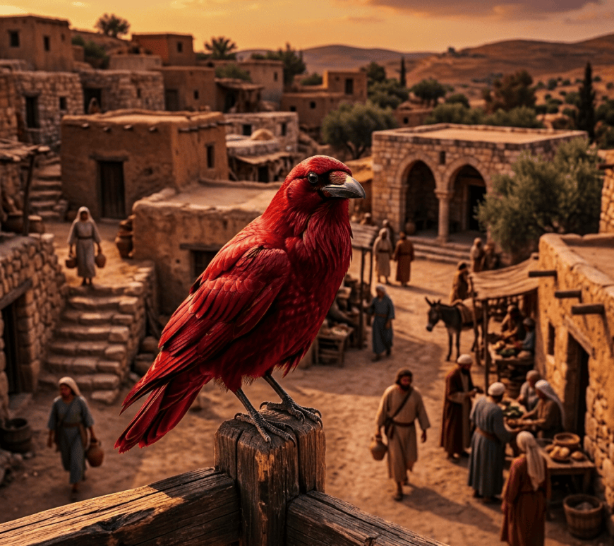 Scarlet bird perched above an ancient desert village with villagers and pack animal